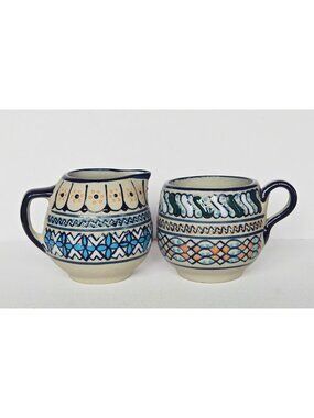 Hand-Painted CS Mexican Pottery Creamer & Mug Set w/embossed details